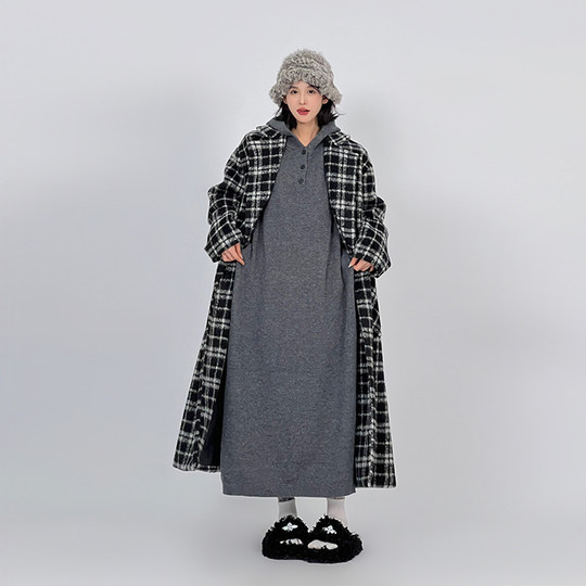 Grey over-knee knitted hooded dress