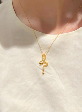 金色灵蛇缠绕锆石六芒星流苏项链