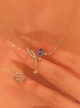 银色繁星蓝色椭圆项链送女友礼物