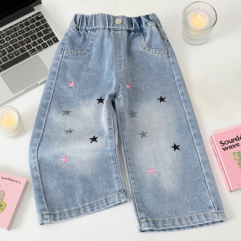 女童牛仔裤春秋季新款直筒阔腿水洗软牛仔女宝宝百搭宽松长裤子 - 图2