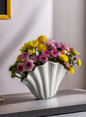 跨境热卖花瓶北欧现代白色陶瓷贝壳花瓶插花摆件家居装饰客厅摆件