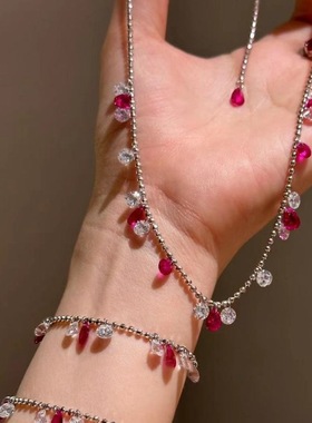 轻奢气质显白满天星红刚玉色裸钻石项链女S925纯银波光粼粼锁骨链