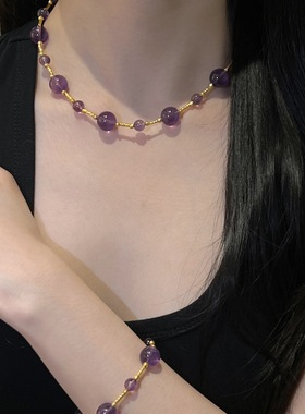 新款紫晶葡萄S925银镀金天然水晶手串小众精致简约手链项链套装SM