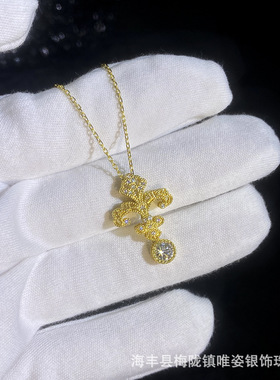 莫桑石项链S925银镀金中古风金色鸢尾花吊坠新中式国潮古法项链女