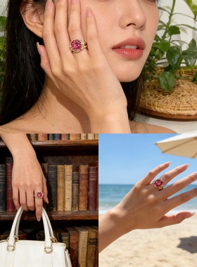高端轻奢 S925银宴会富婆豪华重工11*11帕帕拉恰培育钻红宝石戒指