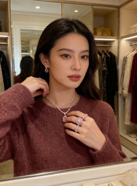 高级感S925纯银玫瑰刚玉粉钻甜甜圈中古风戒指女合集叠戴美拉德风