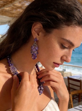 波西米亚狂想曲！紫色项链套装天然石手工小众饰品两件套耳环套装