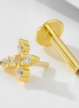 潮earrings925纯银几何镶钻澳宝平头螺纹人体穿刺耳廓耳钉ins饰品