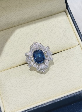 纯银S925海蓝宝花朵高级感闪钻戒指独特大花层次感蓝宝石镶钻醒目