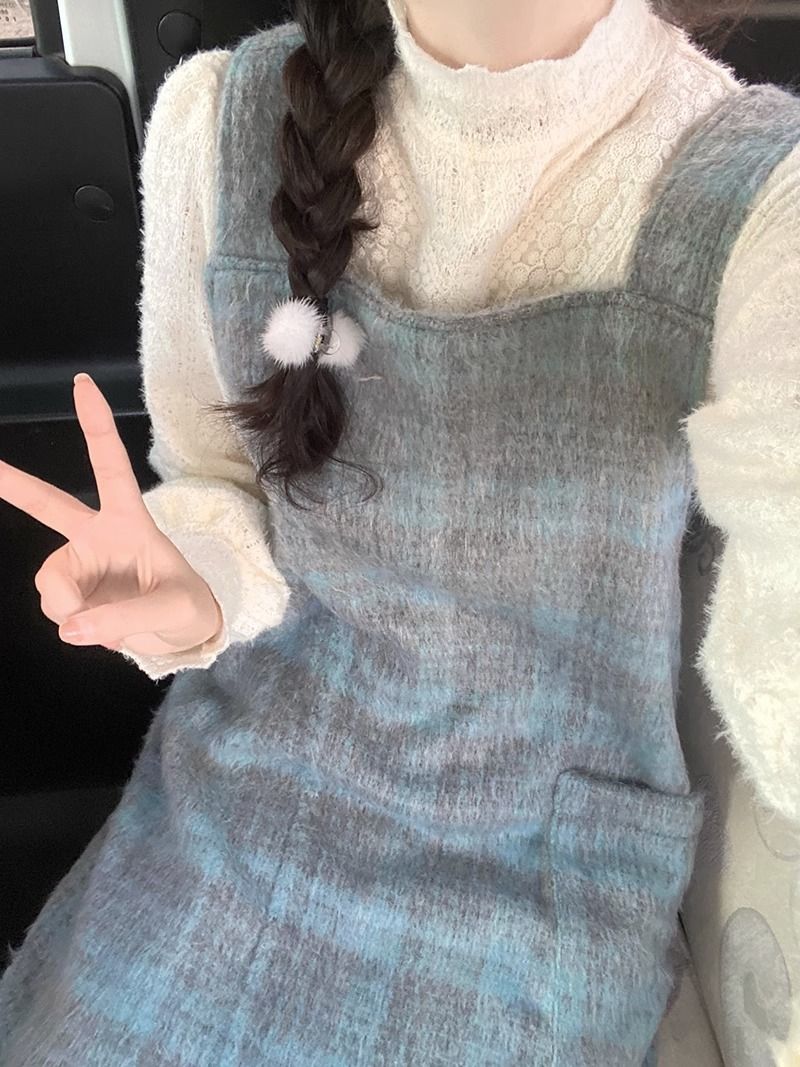 秋冬连衣裙新款湖蓝绿毛呢格子口袋长款背带裙秋装搭配一整套韩版