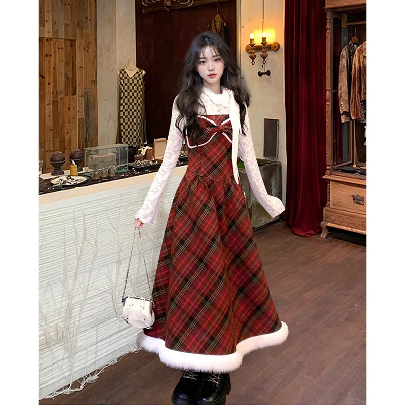 红格氛围感连衣裙夹棉外套打底衫毛呢套装韩版万圣节设计感三件套,淘宝优惠券,粉丝福利购,淘宝优惠卷