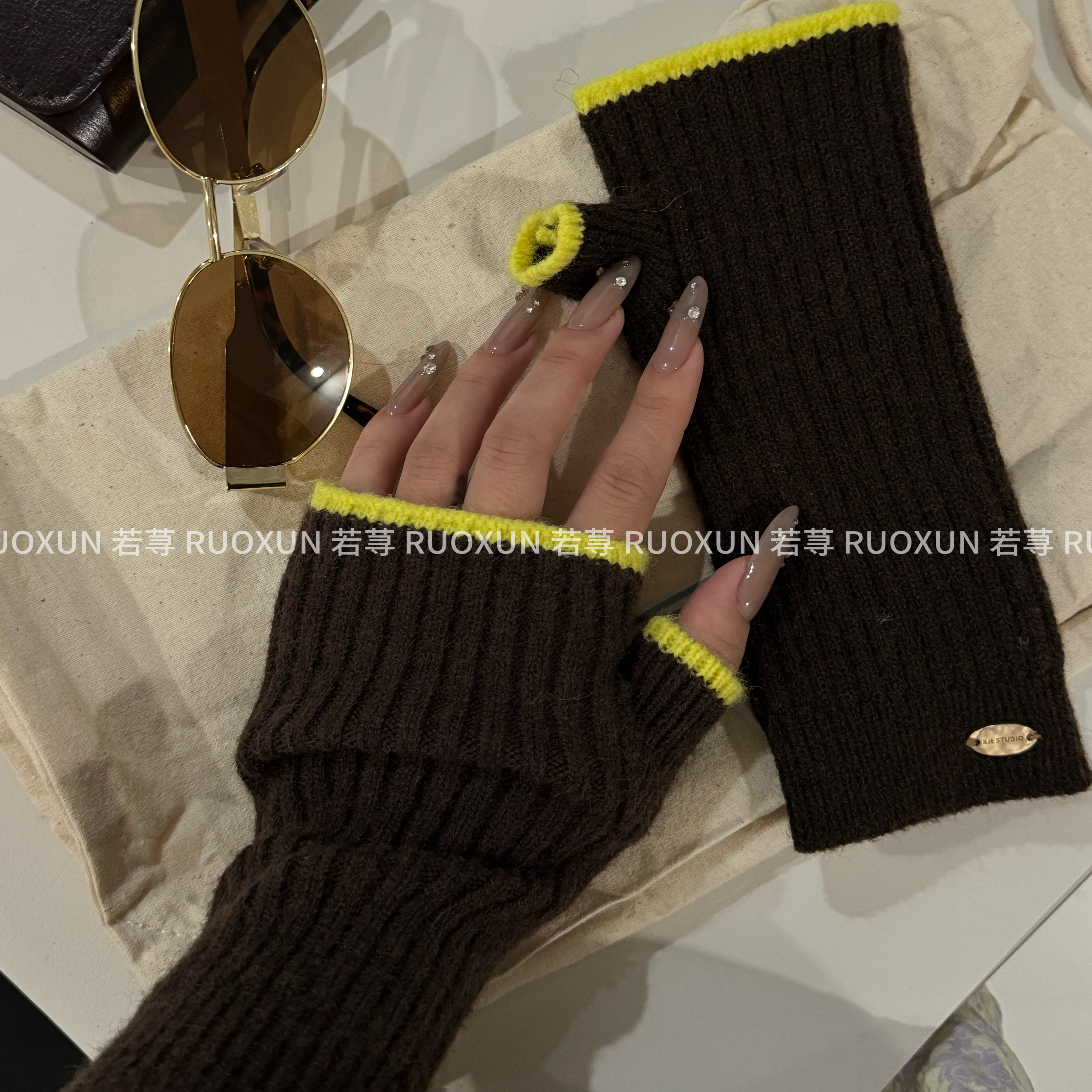 RUOXUN冬季针织半指手套撞色毛线露指防寒分指手套,淘宝优惠券,粉丝福利购,淘宝优惠卷