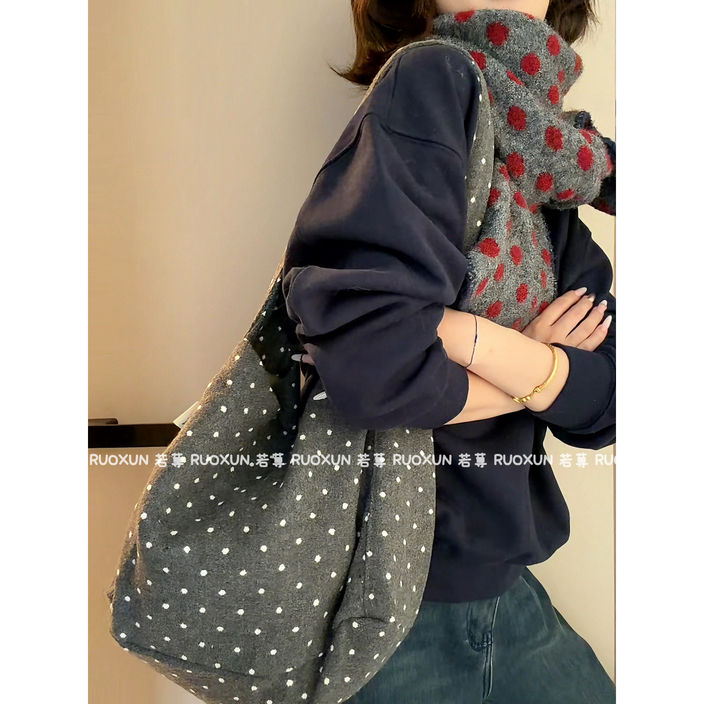 RuoXun日韩小圆点磨毛单肩包女秋冬大容量通勤百搭手提托特包,淘宝优惠券,粉丝福利购,淘宝优惠卷
