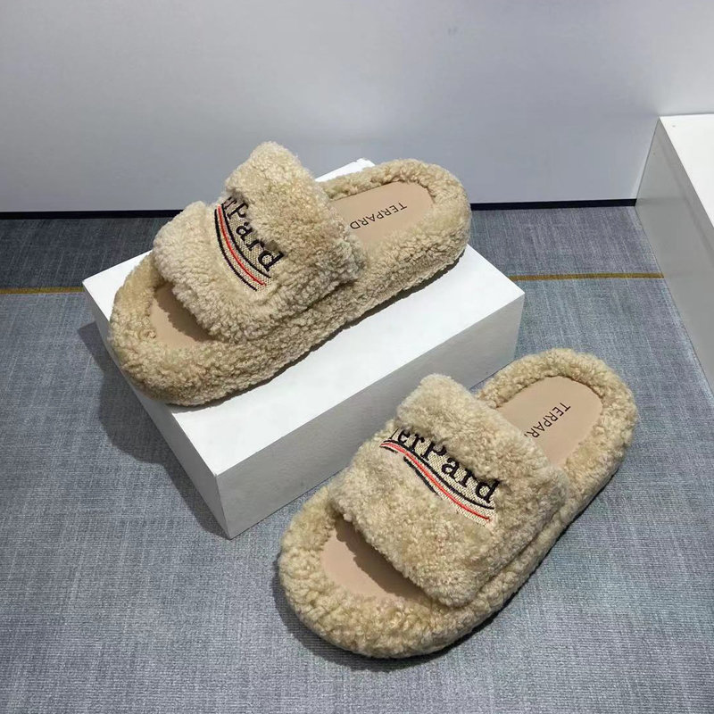 厚底毛毛拖鞋女外穿2024冬保暖松糕底字母皮毛一体真皮羊羔毛拖鞋 - 图0