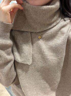 HYGG100%山羊绒领结围巾/女士秋冬驼色交叉加厚保暖百搭秋冬