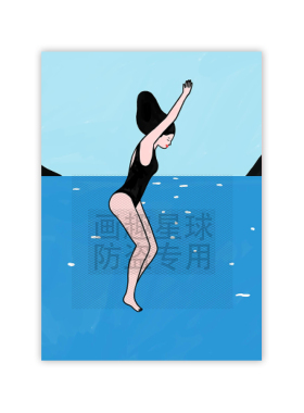 夏日海边风景海报插画海岸时光大海游泳艺术挂画芯卧室墙面装饰画