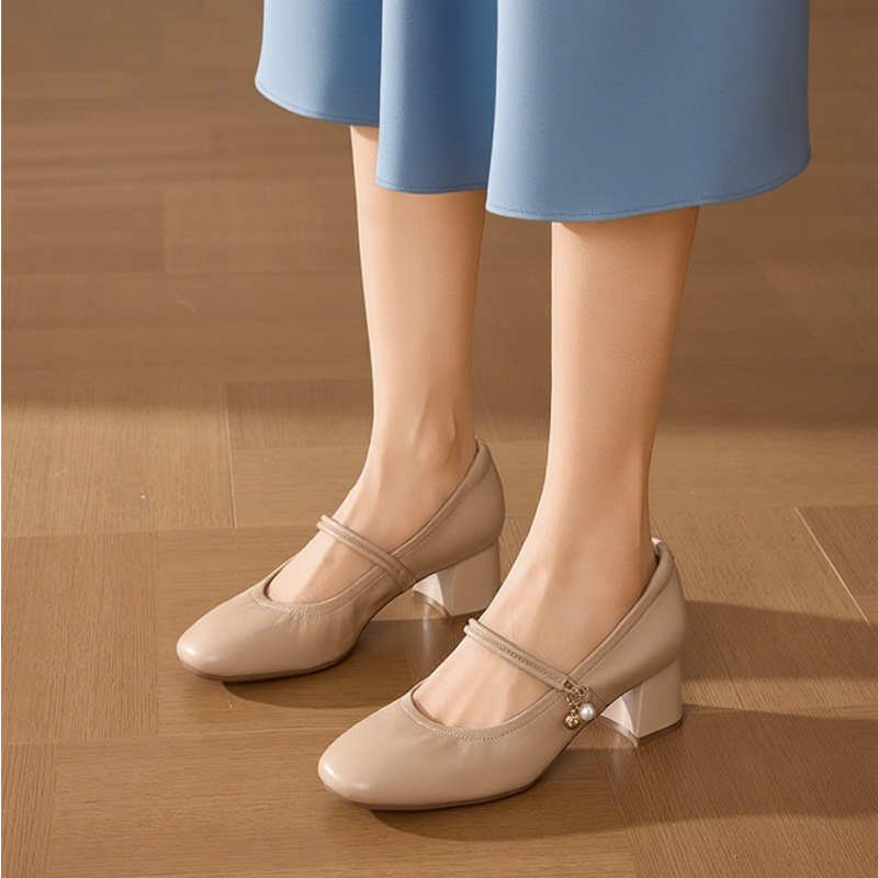 粗跟玛丽珍单鞋女2025新款真皮浅口一字带软底不累脚百搭高跟皮鞋,淘宝优惠券,粉丝福利购,淘宝优惠卷