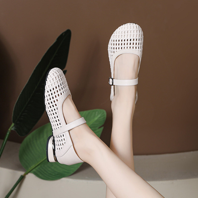 夏季镂空编织包头凉鞋真皮玛丽珍女鞋透气软底不累脚低跟妈妈鞋,淘宝优惠券,粉丝福利购,淘宝优惠卷