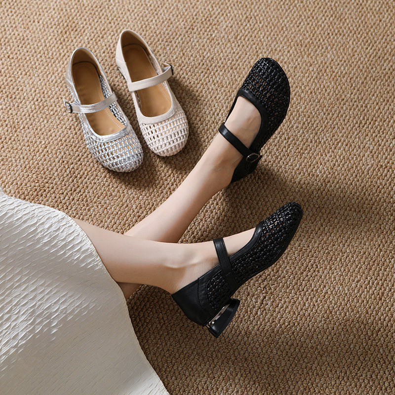 夏季镂空编织包头凉鞋真皮玛丽珍女鞋透气软底不累脚低跟妈妈鞋,淘宝优惠券,粉丝福利购,淘宝优惠卷