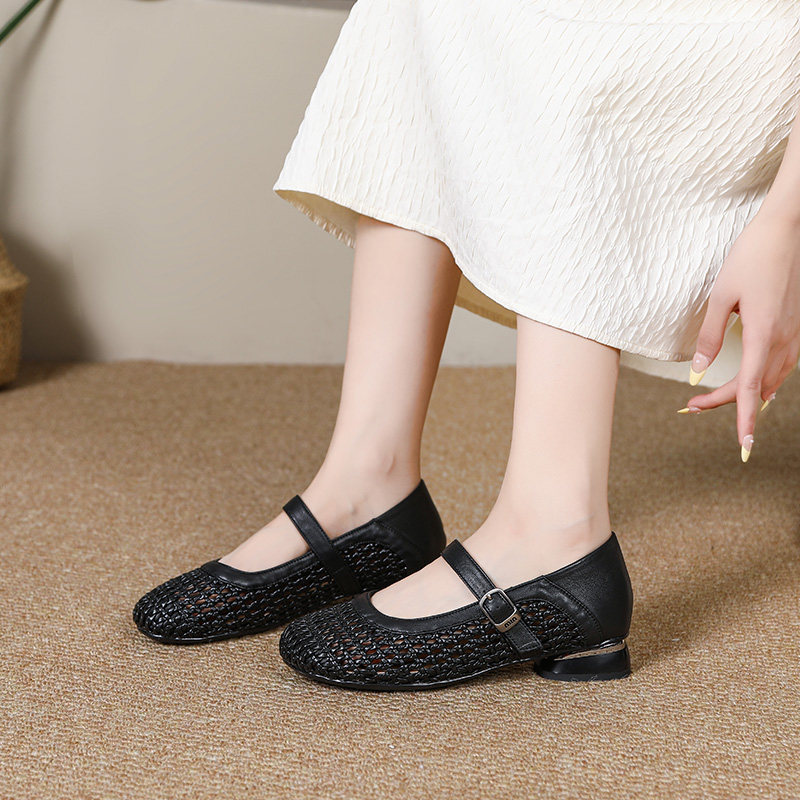 夏季镂空编织包头凉鞋真皮玛丽珍女鞋透气软底不累脚低跟妈妈鞋,淘宝优惠券,粉丝福利购,淘宝优惠卷