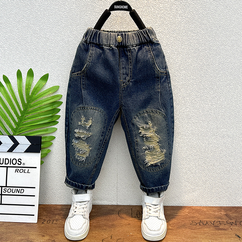 小黄鸭童装男童破洞牛仔裤2025春秋儿童老爹裤宝宝休闲宽松长裤子 - 图0