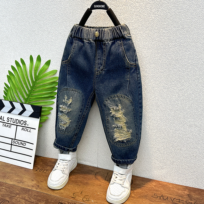 小黄鸭童装男童破洞牛仔裤2025春秋儿童老爹裤宝宝休闲宽松长裤子 - 图1