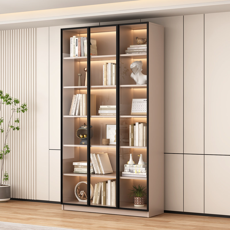 实木书柜带玻璃门一体整墙酒柜展示柜家用客厅现代轻奢储物柜书架,淘宝优惠券,粉丝福利购,淘宝优惠卷