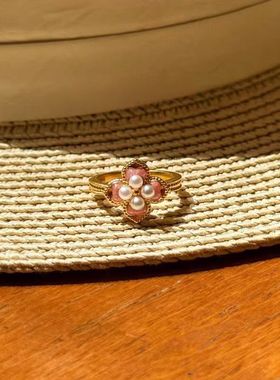 黄金四叶草戒指女999足金镶嵌珍珠指环新款幸运草金戒指正品送礼