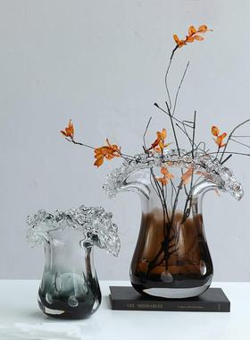 简约创意轻奢波浪花边厚重琉璃花瓶插花摆件手工软装新品工艺