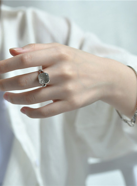 英国coopkoop925银白茶石方指男女时髦ins小众设计无性别指环手