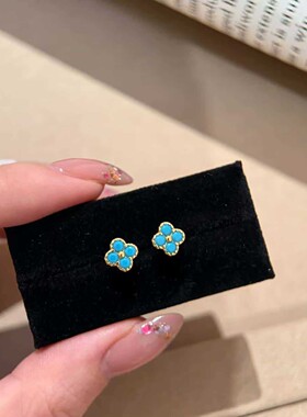 国风china chic s925银18k金绿松石四叶花草耳钉小众精致气质百搭