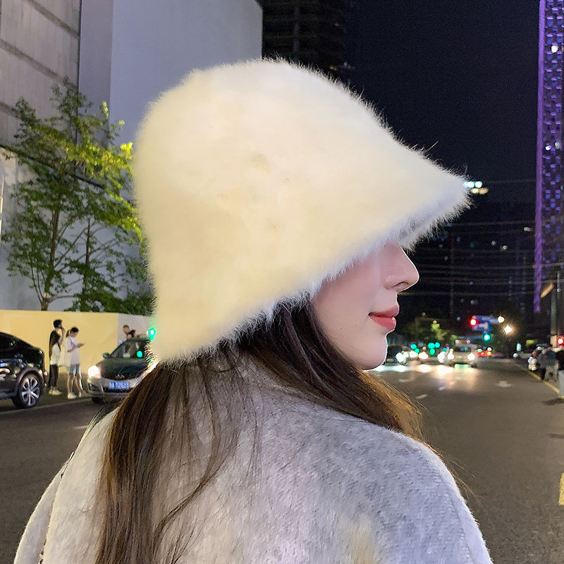 白色兔毛帽子女秋冬季毛绒渔夫帽大头围冬天毛毛水桶帽盆帽显脸小,淘宝优惠券,粉丝福利购,淘宝优惠卷