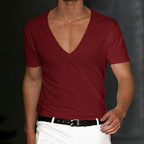 Solid color slim V-neck short-sleeved T-shirt 纯色V领短袖T恤 - 图1