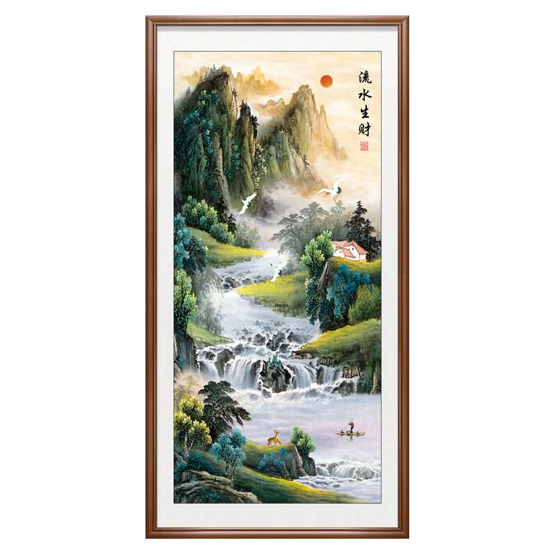 入户迎门墙玄关装饰画寓意好流水生财山水画竖版壁画走廊尽头挂画