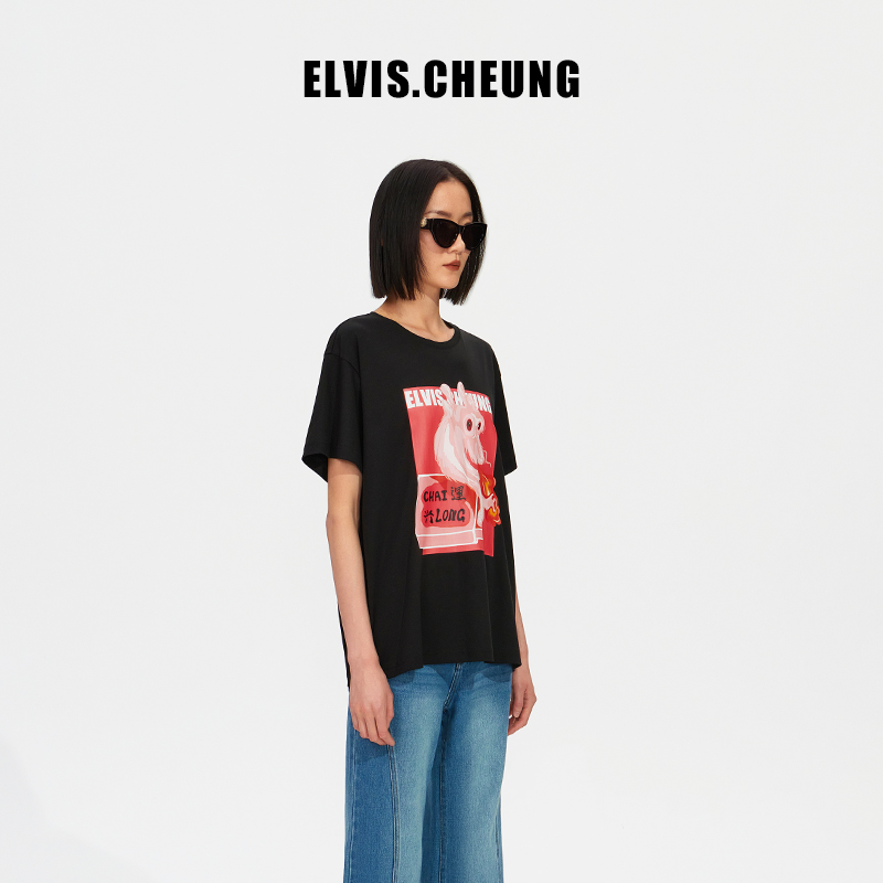 ELVIS.CHEUNG23秋冬新品财运兴龙吉祥印花丝光休闲短袖T恤男女 - 图0