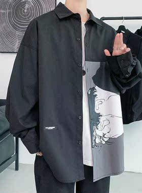 Men's Printing Long Sleeve Cargo Shirts Harajuku Black Shirt