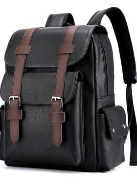 Waterproof PU Leather Shoulder Backpack Men's Retro Large Ca