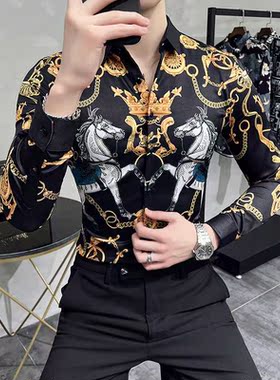 LIFENWENNA Fashion Print Shirt Men Royal Retro Long Sleeve S