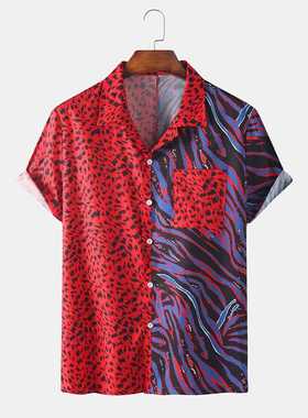 Color matching short sleeve shirt men's Lapel shirt casual