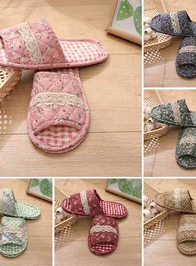 Women Indoor Cotton Slippers Vintage Couple Floral Bedroom C