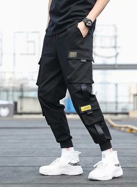 Men's Side Pockets Cgo Hem Pants 2021 Ribbons Black