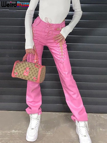Weird Puss Faux PU Y2K High Waist Pants Women Chic Hollow Ou - 图3
