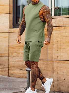 2022 Fashion Solid Two Piece Suits Men‘s O-Neck ops And Sho