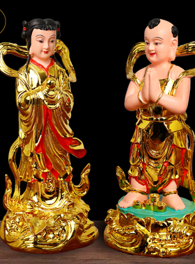 金童玉女佛像彩绘12寸树脂佛像观音弟子童男童女佛像善财童子