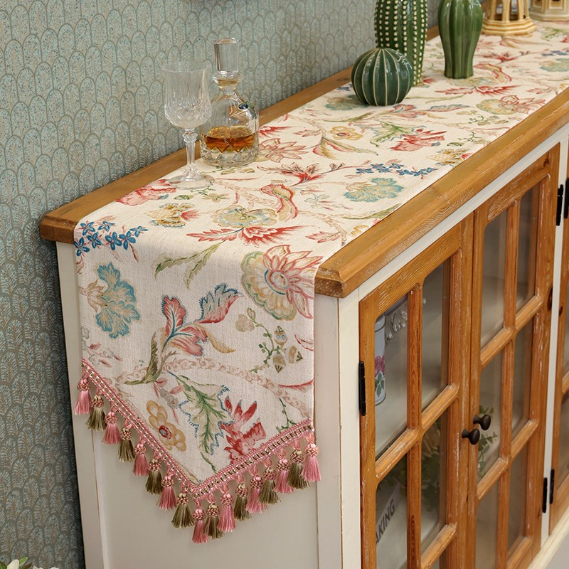 桌旗餐桌布台布茶几电视柜边柜盖巾美式轻奢花鸟印花法式现代定制 - 图1