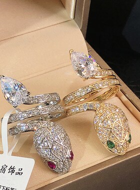 超闪锆石蛇头水滴戒指轻奢高级感开口关节戒尾戒指环小众设计配饰