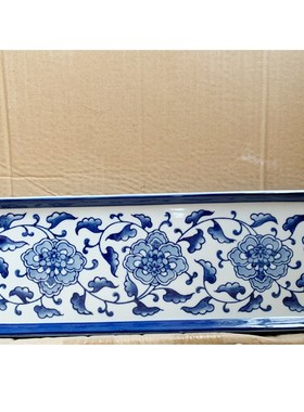 青花陶瓷长盘摆件客厅茶几玄关软A装家居饰品摆设长盘陶瓷盘青花
