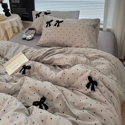 简约风灰色波点蝴蝶结毛巾绣水洗棉四件套软糯被套宿舍床单三件套 - 图3