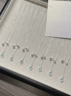 新款蓝色水滴纯银一滴泪蓝宝石项链抽拉式可调节小清新甜美锁骨链