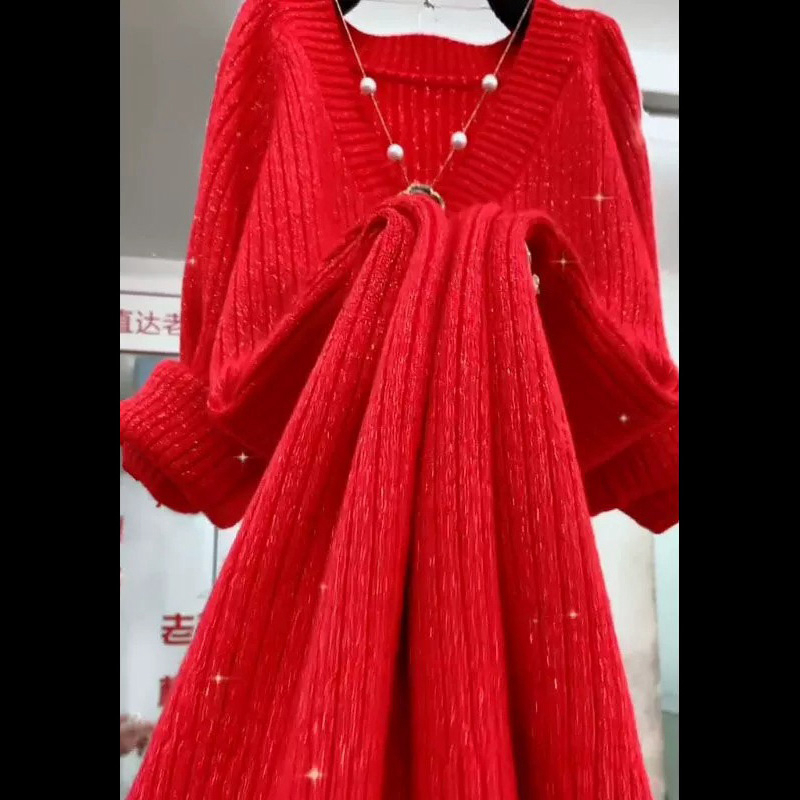 秋冬洋气新款女装针织裙慵懒风宽松大码打底外穿红色毛衣连衣裙女